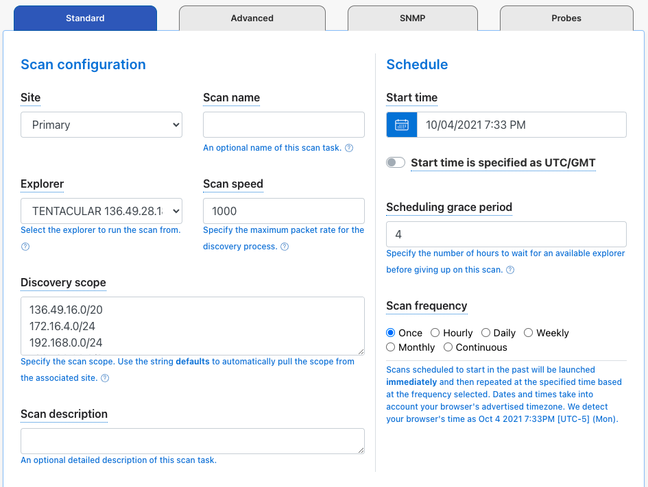 Scan configuration form Scan configuration form