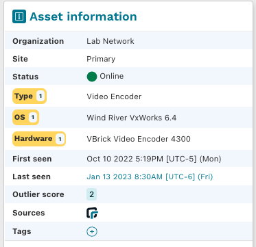 Zoomed view of details from a selected asset in the runZero dashboard