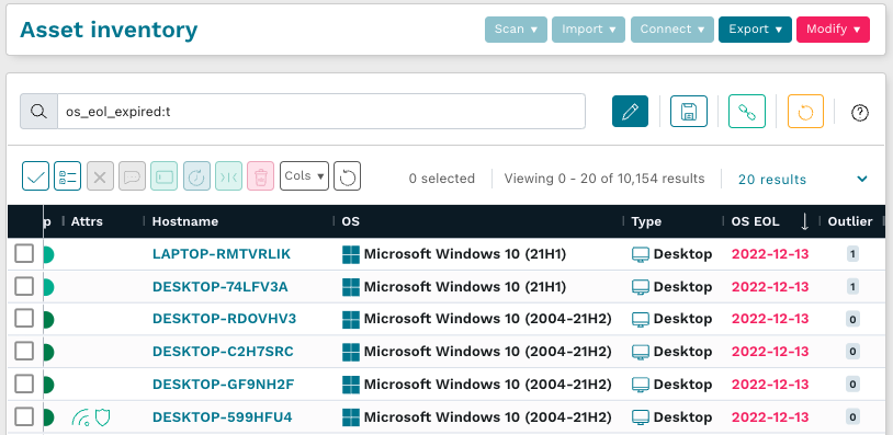 A view of runZero's asset inventory for expired assets