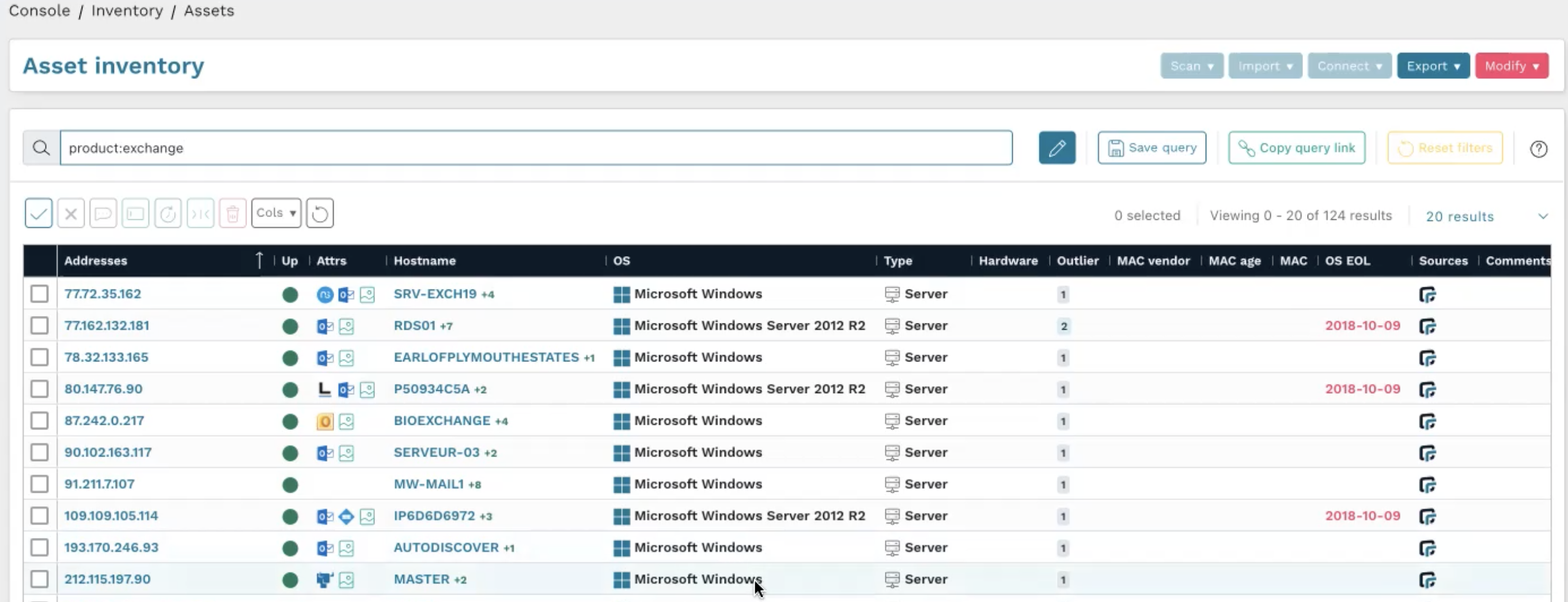 Looking for specific products in the runZero asset inventory