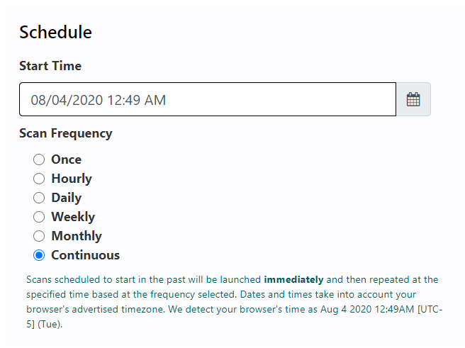 Screenshot of Rumble continuous scan scheduling