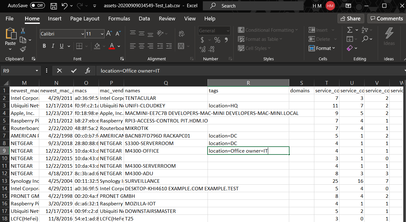 Screenshot of Excel with Asset Data