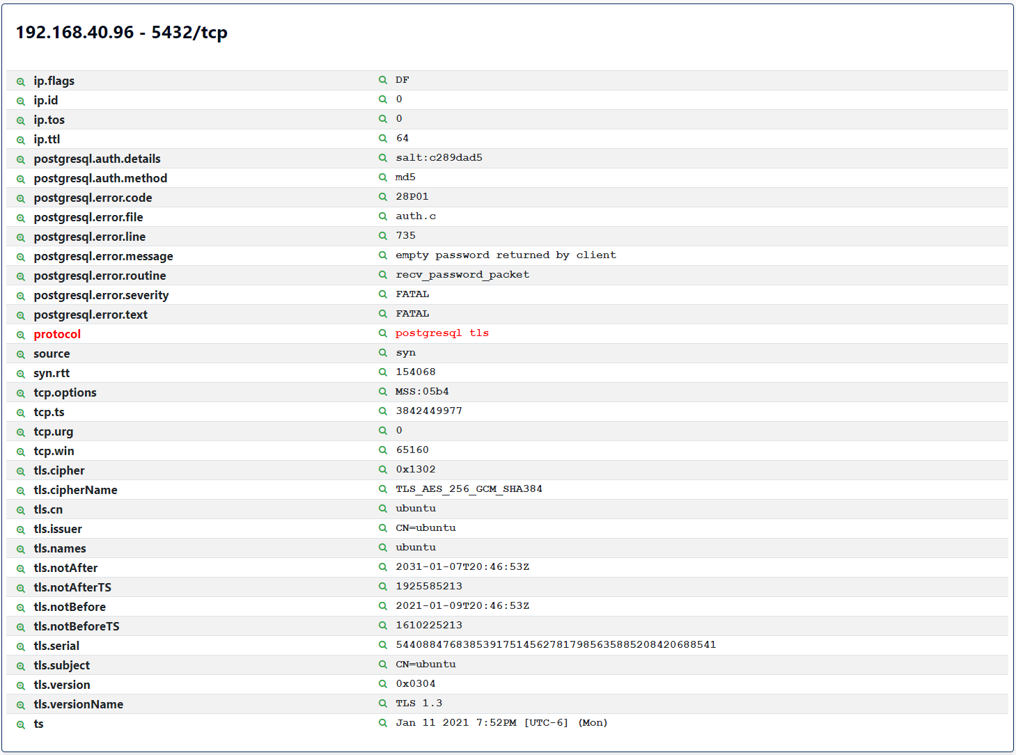 Screenshot of Rumble PostgreSQL TLS Attributes