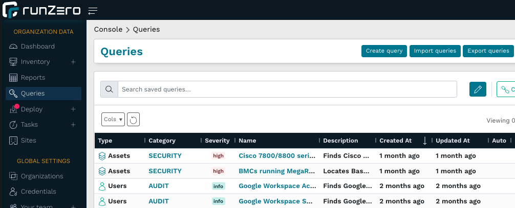 A view of the runZero queries menu