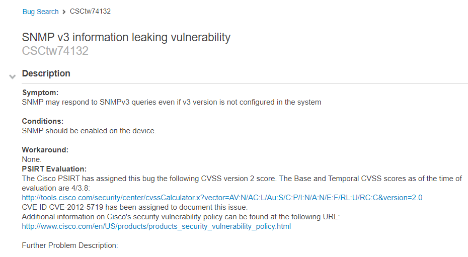 Cisco Bug CSCtw74132: SNMP v3 Information Leaking Vulnerability
