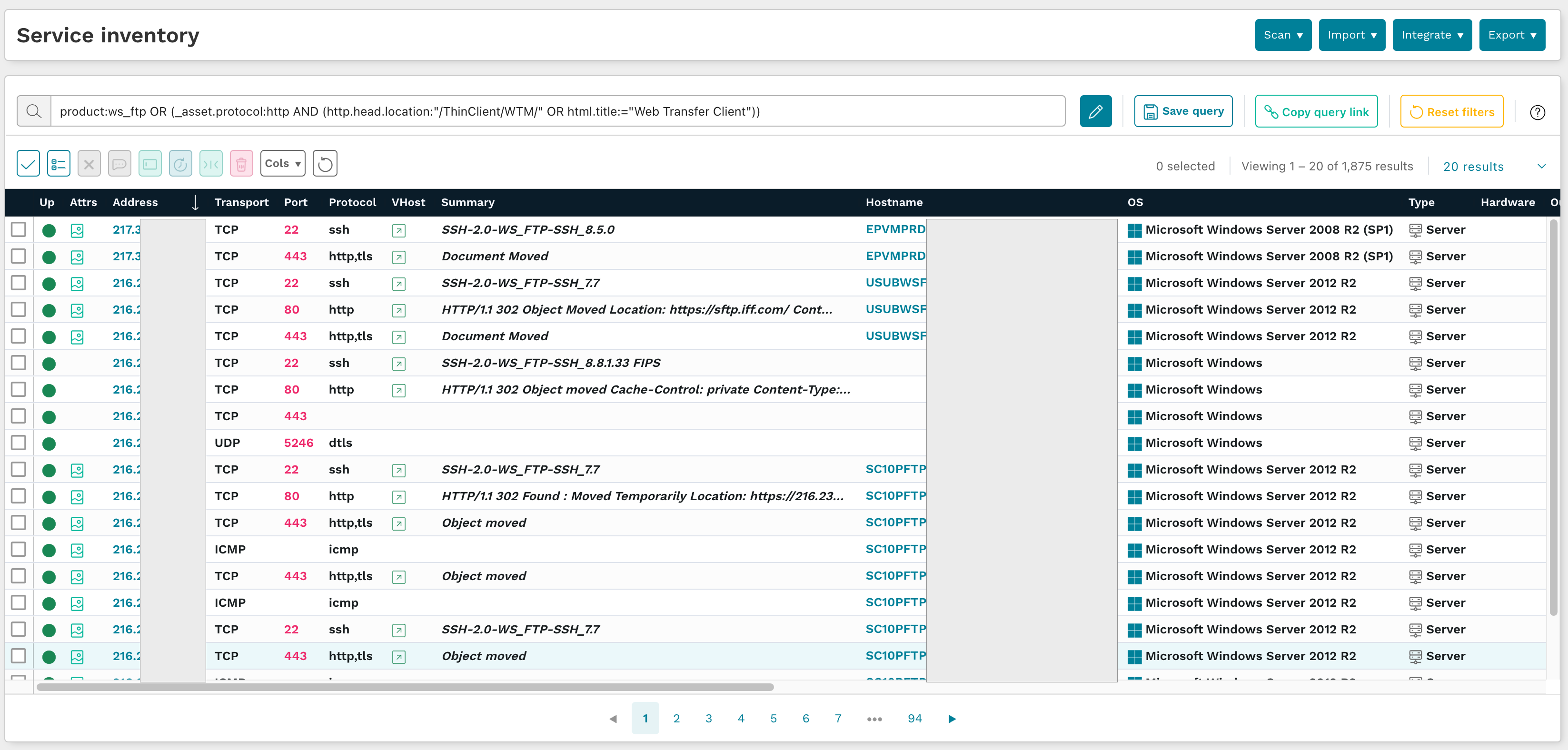 runZero search results showing WS_FTP services