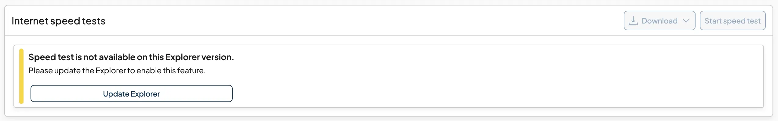 Explorer details page showing upgrade notification when a newer version is required