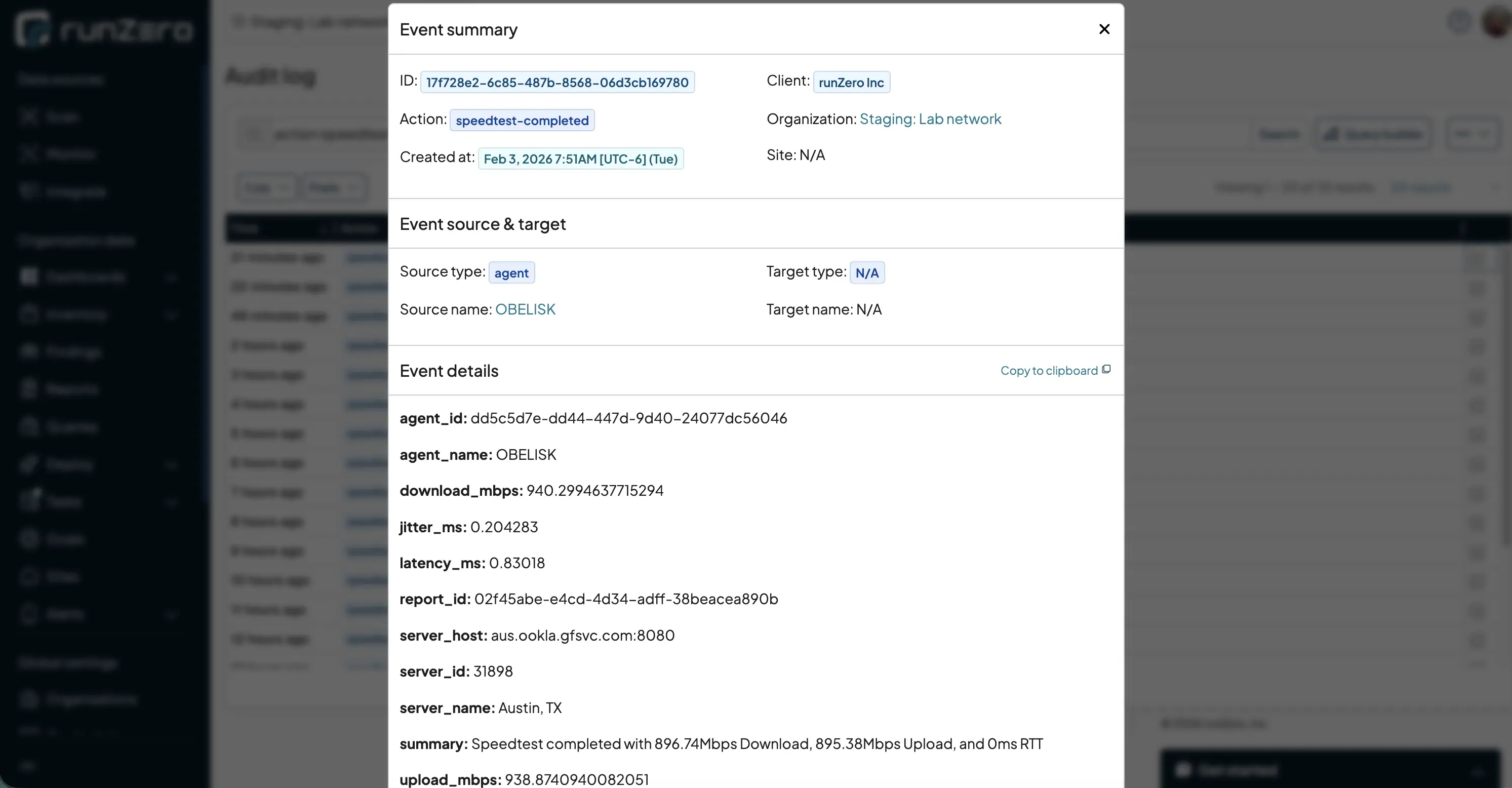 Each event includes timestamps, the originating Explorer, and a structured summary of results.